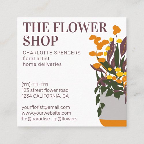 Retro editable  floral illustration florist square square business card