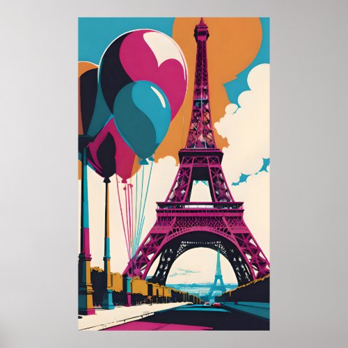 Retro Eiffel Tower landscape with large balloons Poster