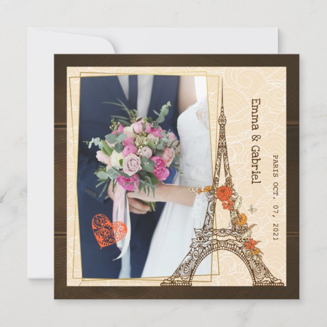 Retro Eiffel tower photo frame wedding invitation (Front)