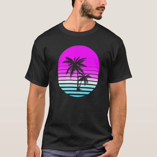 Retro Eighties 80s Vaporwave Sunset Palm Trees Bea T-Shirt (Front)