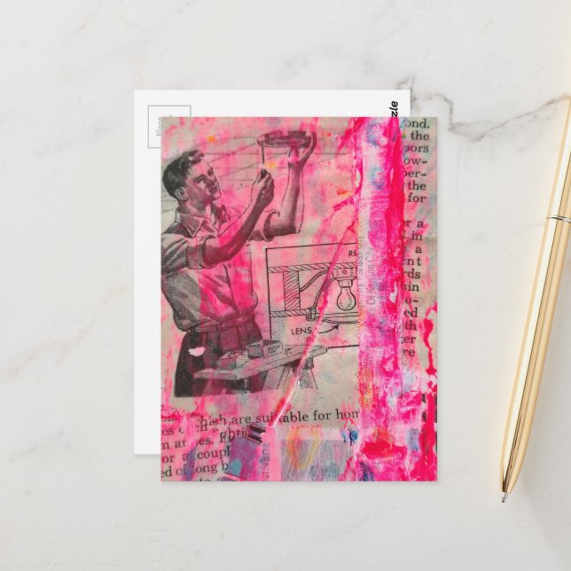 Retro Electitical Working Man on a Pink Background Postcard (Front/Back In Situ)