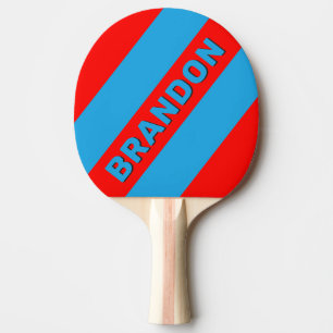Retro Electric Blue Red Three Bold Stripes w Name Ping Pong Paddle