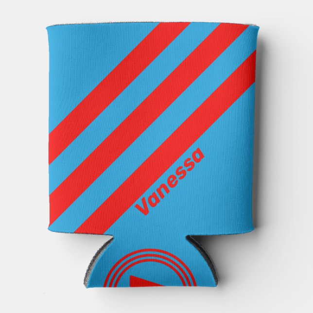 Retro Electric Blue Red Three Stripes with Name Can Cooler (Front)