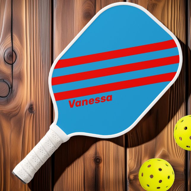 Retro Electric Blue Red Three Stripes with Name Pickleball Paddle (Creator Uploaded)