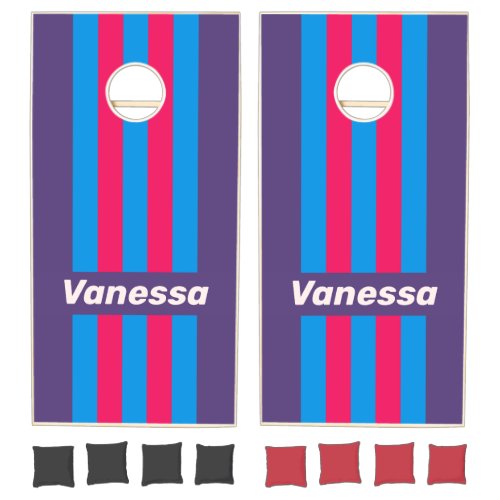 Retro Electric Grape Pin Striped with Name Cornhole Set