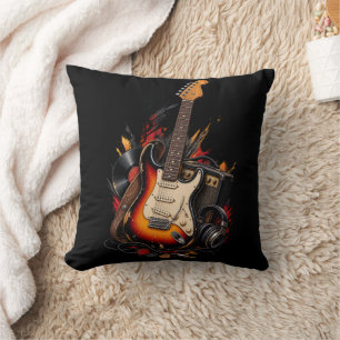 Retro Electric Guitar & Amp Rock Music Black Throw Pillow