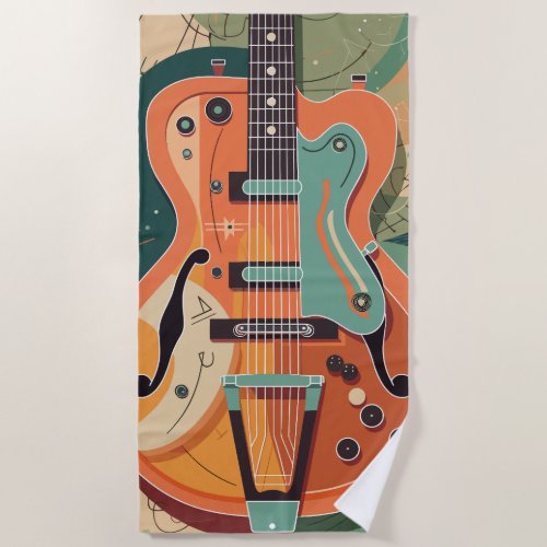 Retro Electric Guitar Illustration Beach Towel