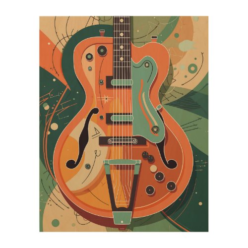 Retro Electric Guitar Illustration Wood Wall Art