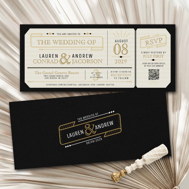 Retro Elegant Black & Gold Vintage Ticket Wedding Invitation (Unique retro black and gold vintage simple classy ticket style qr code rsvp 4x9 wedding invitation)