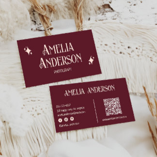 Retro Elegant Blush & Burgundy Qr Code Business Card