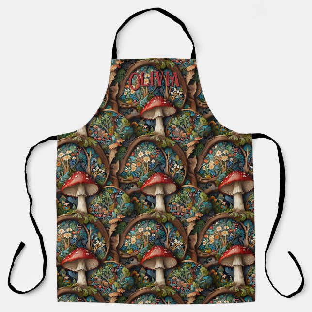 Retro elegant bohemian mushroom forest pattern apron (Front)