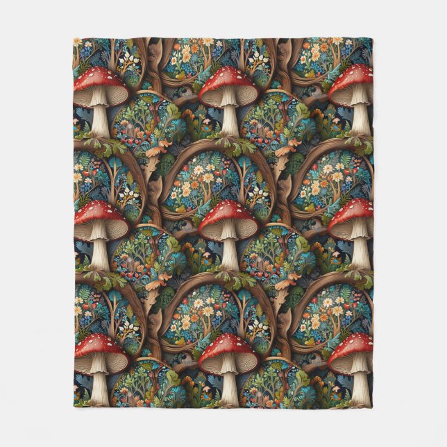 Retro elegant bohemian mushroom forest pattern fleece blanket (Front)