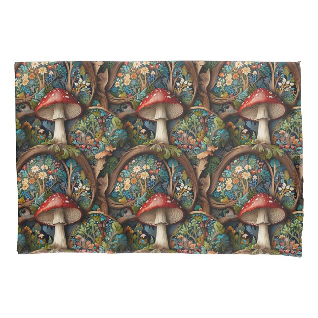 Retro elegant bohemian mushroom forest pattern pillow case (Front)
