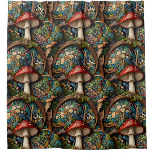 Retro elegant bohemian mushroom forest pattern shower curtain