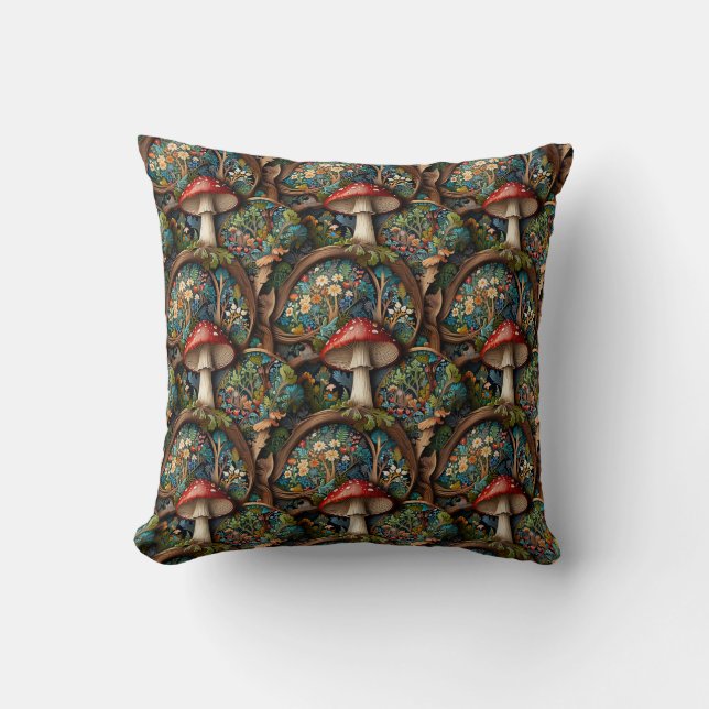 Retro elegant bohemian mushroom forest pattern throw pillow (Front)