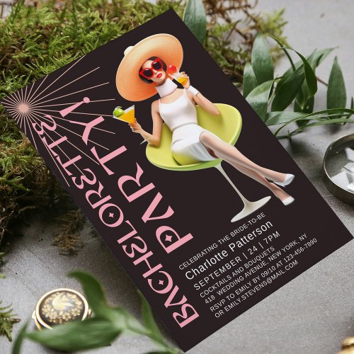 Retro Elegant Cocktails Bachelorette Party Invitation