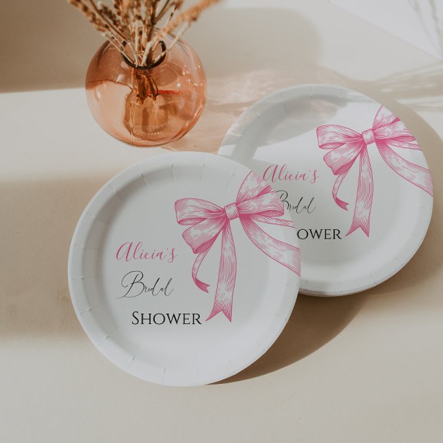 Retro Elegant Coquette Pink Bow Bridal Shower Paper Plates (Creator Uploaded)