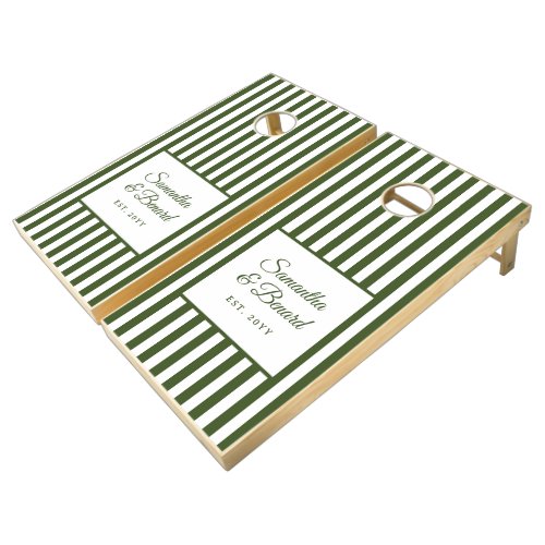 Retro Elegant Green White Stripes Custom Wedding Cornhole Set