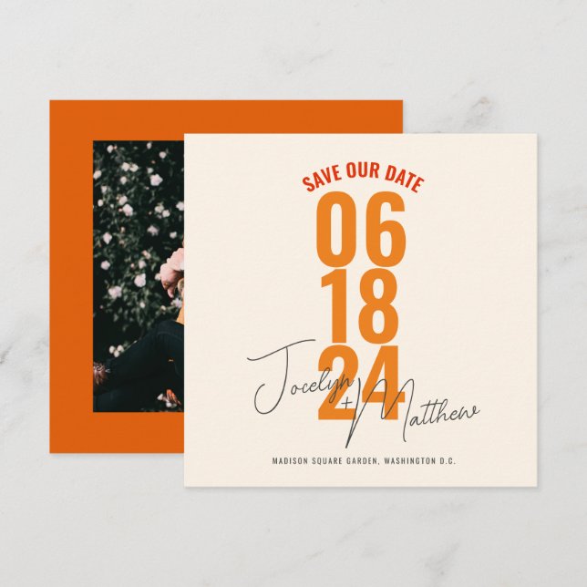 Retro Elegant Modern Floral Orange Save The Date Invitation (Front/Back)