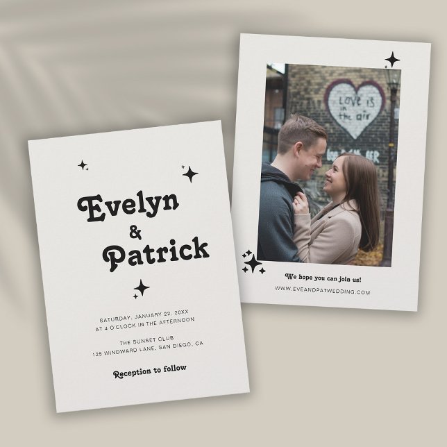 Retro Elegant Modern Minimalist Photo Wedding Invitation (retro wedding invitation groovy disco theme stars minimalist typography 60s 70s hippie unique)