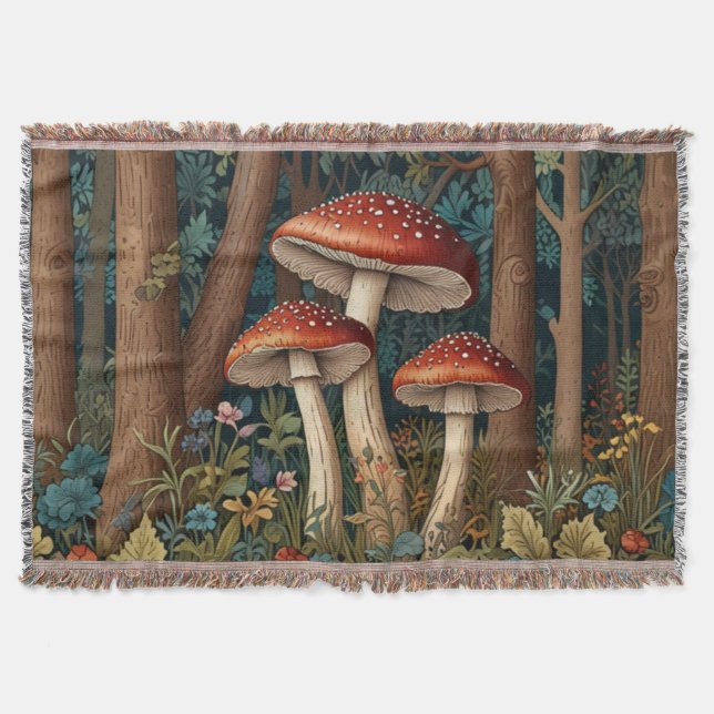 Retro elegant mushroom forest throw blanket (Front)