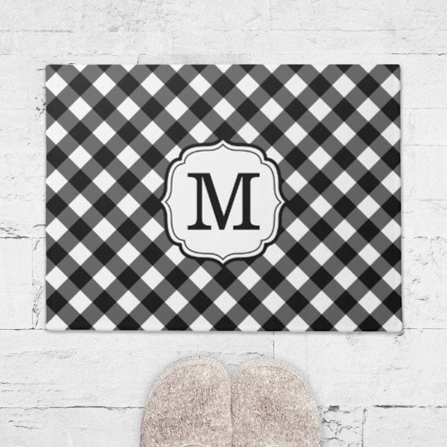 Retro Elegant Personalized Gingham Door Mat (retro elegant personalized black and white gingham door mat)