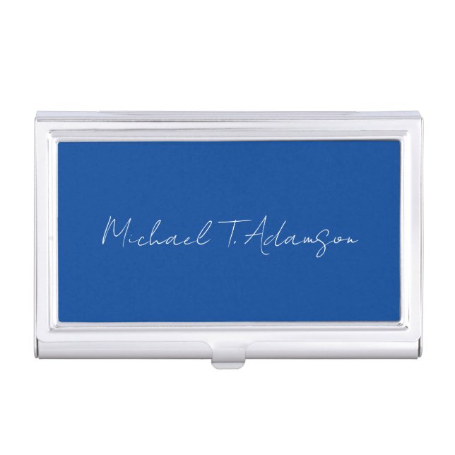 Retro Elegant Plain Simple Deep Blue Calligraphy Business Card Case (Front)