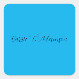 Retro Elegant Plain Sky Blue Calligraphy Name Square Sticker
