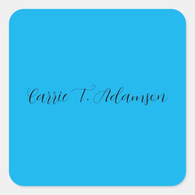 Retro Elegant Plain Sky Blue Calligraphy Name Square Sticker (Front)