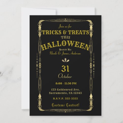 Retro Elegant Vintage Black  Gold Deco Halloween  Invitation