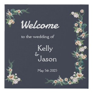 Retro Elegant white Flower Frame Navy Background Faux Canvas Print