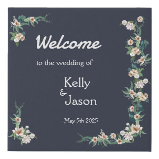 Retro Elegant white Flower Frame Navy Background Faux Canvas Print