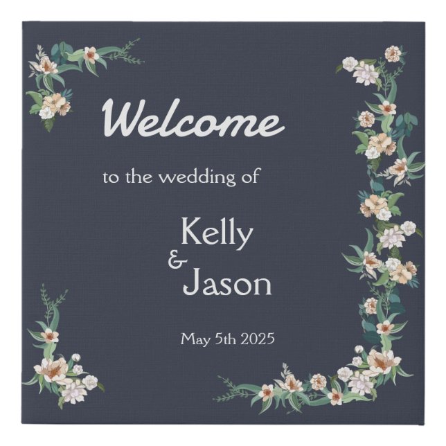 Retro Elegant white Flower Frame Navy Background Faux Canvas Print (Front)