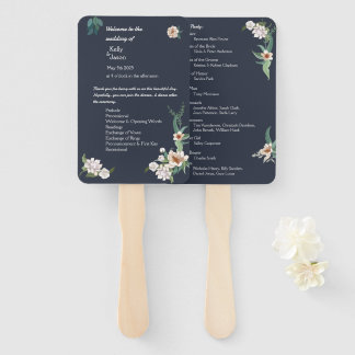 Retro Elegant white Flower Frame Navy Background Hand Fan