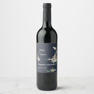 Retro Elegant white Flower Frame Navy Background Wine Label