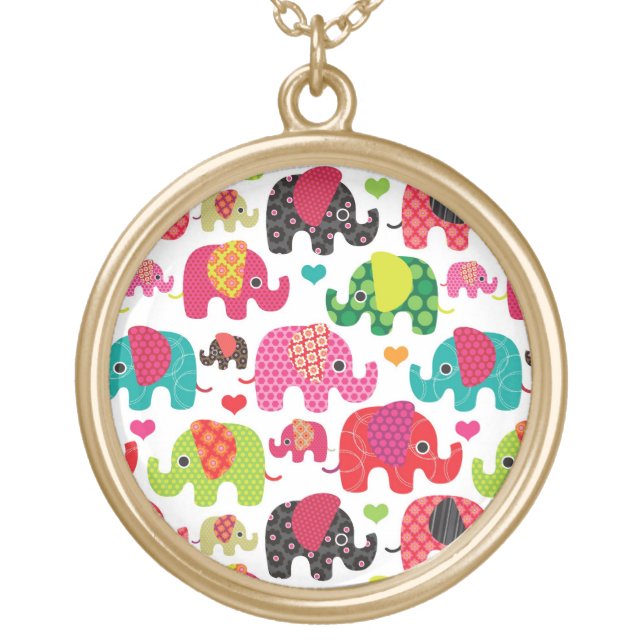 retro elephant kids pattern wallpaper gold plated necklace (Front)