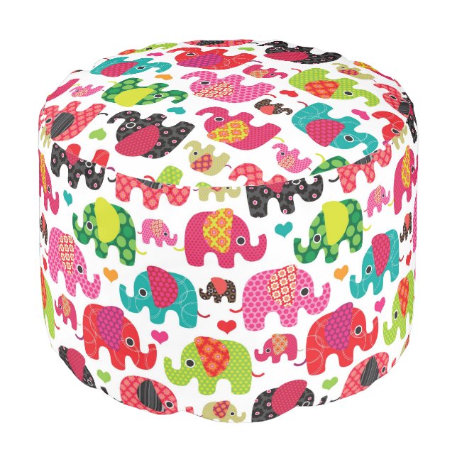retro elephant kids pattern wallpaper pouf (Angled Front)