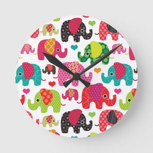 retro elephant kids pattern wallpaper round clock