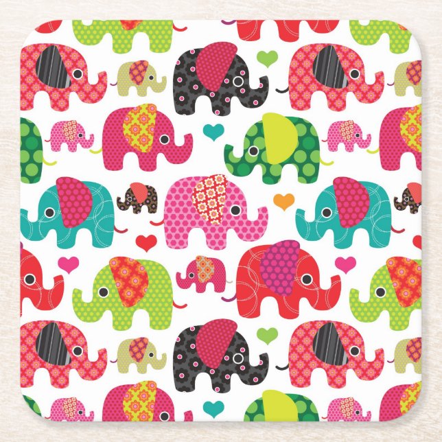 retro elephant kids pattern wallpaper square paper coaster (Front)