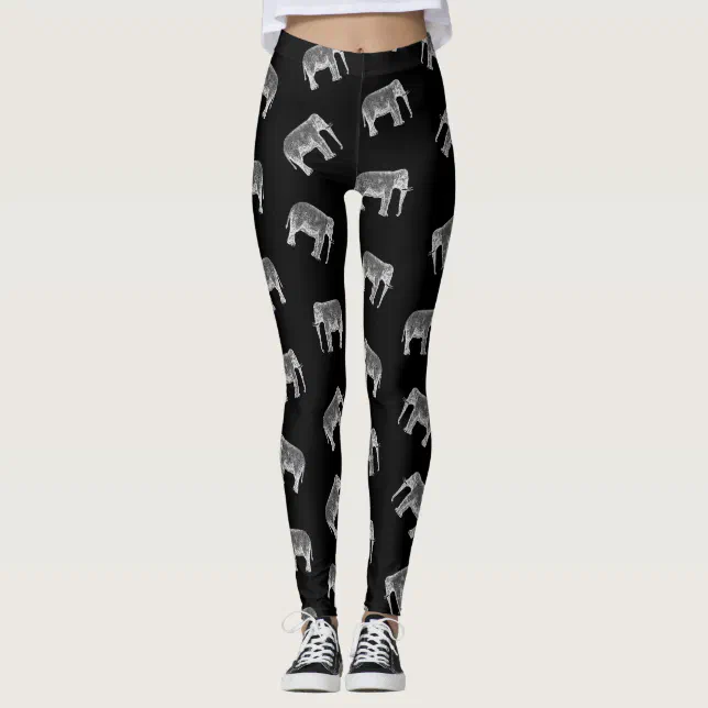 Retro Elephant Print Pattern Black & White Design Leggings | Zazzle