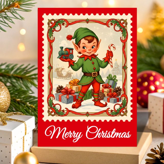 Retro Elf Christmas Postage Stamp Holiday Card (Creator Uploaded)