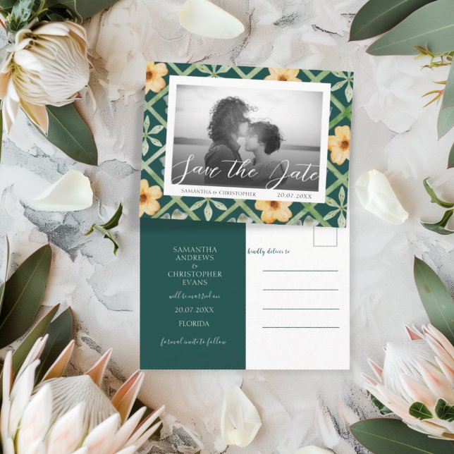 Retro Emerald Floral Photo Save the Date Wedding Postcard (Creator Uploaded)