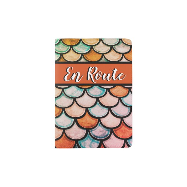 Retro En Route Teal Orange Mermaid Scales Passport Holder (Front)