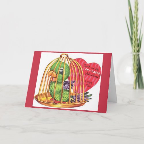 Retro Engagement Parrot Valentines Day Card