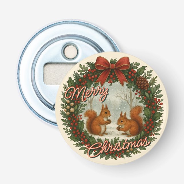 Retro English Holiday Wreath With Cute Squirrels Bottle Opener (Front)