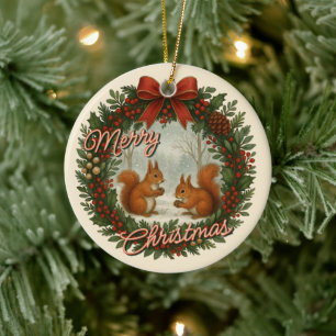 Retro English Holiday Wreath With Cute Squirrels Ceramic Ornament