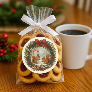 Retro English Holiday Wreath With Cute Squirrels Classic Round Sticker