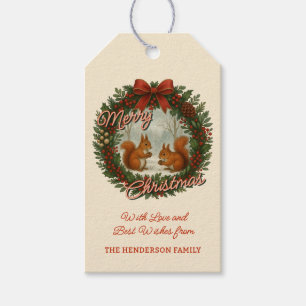 Retro English Holiday Wreath With Cute Squirrels Gift Tags