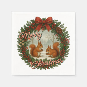 Retro English Holiday Wreath With Cute Squirrels Napkins
