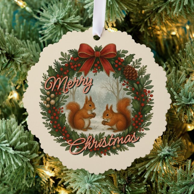 Retro English Holiday Wreath With Cute Squirrels Ornament Card (Insitu (Tree))